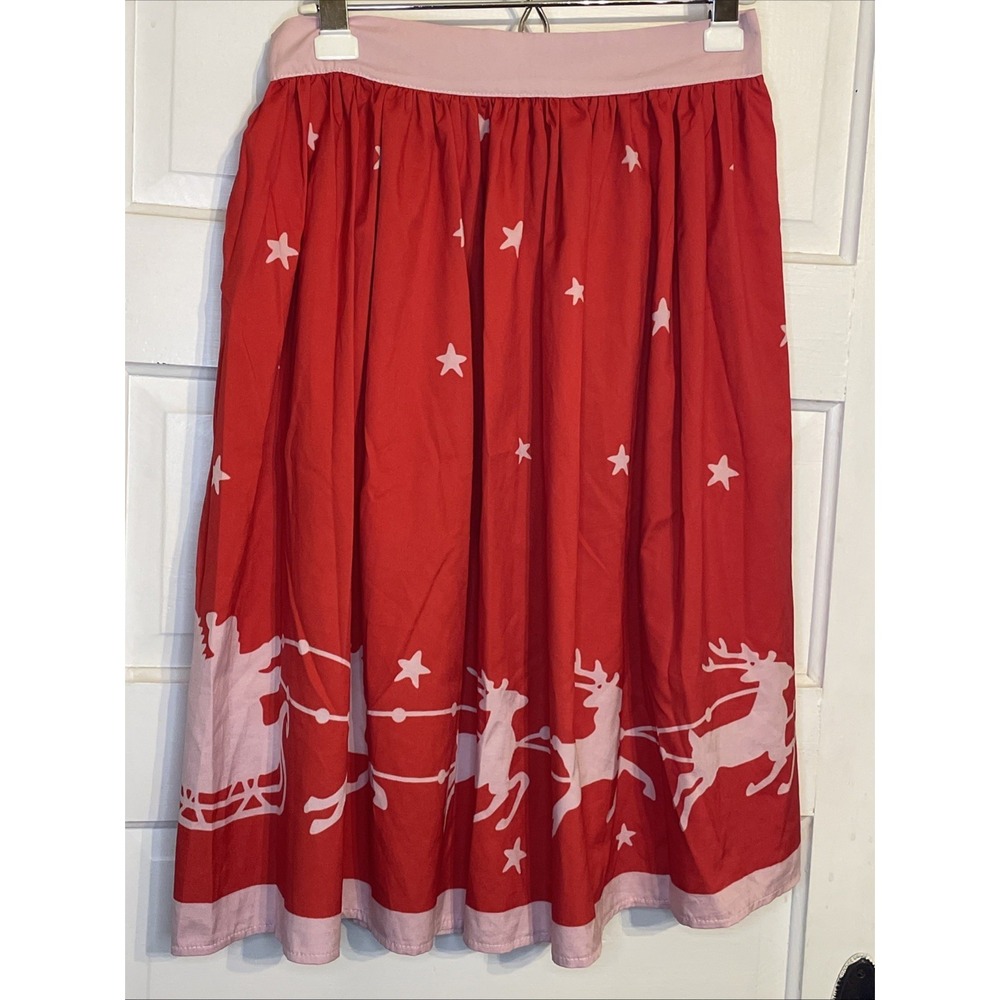 Midi Length Skirt Holiday Reindeer Star Winter Red Pink‎ Medium Shift Swing